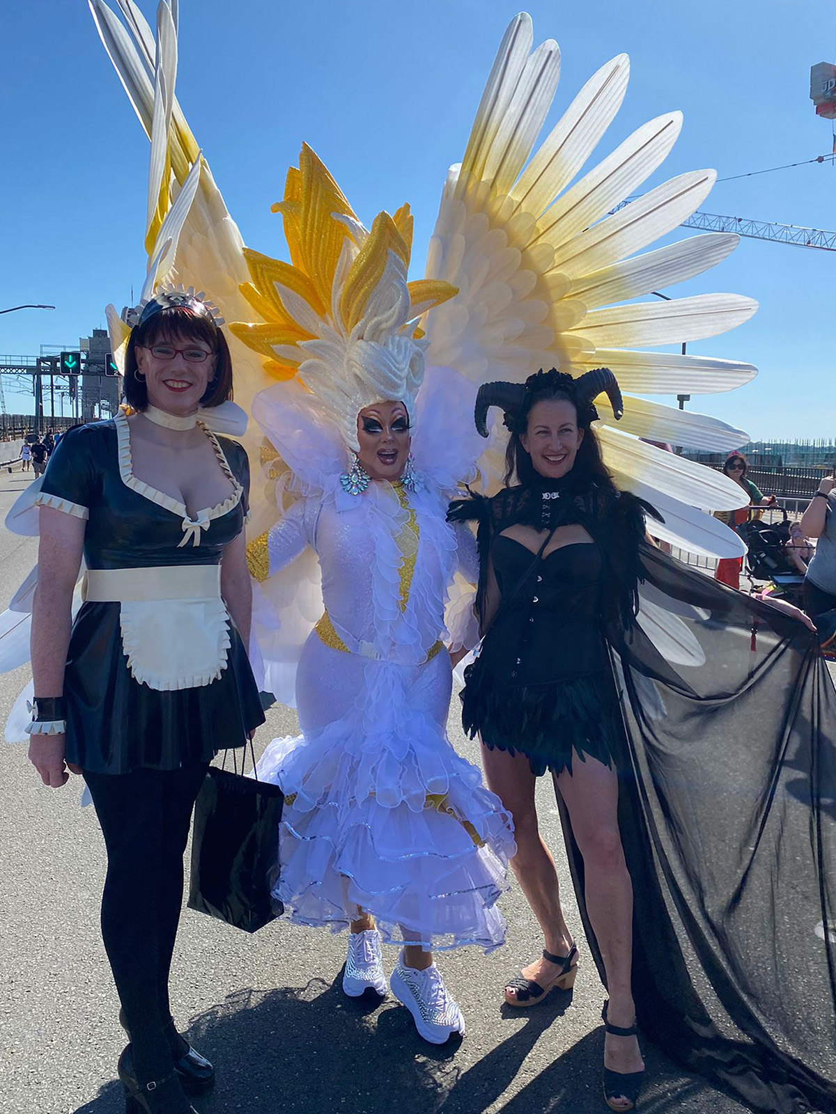 Miss Emm, Hell for Leather and a fabulous individual in a cockatoo dress on the Sydney Harbour Bridge during the Pride March