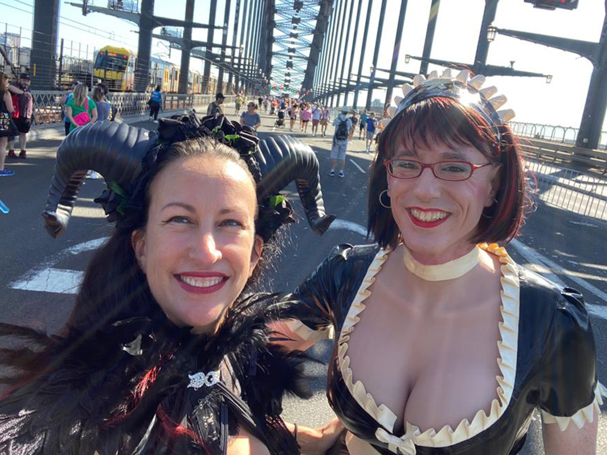 Miss Emm and Hell for Leather on the Sydney Harbour Bridge during the 2023 Pride Walk