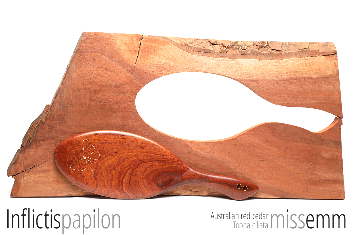 Inflictis papilon wooden spanking paddle Wooden spanking paddle made from Australian red cedar with brass butterfly motif.